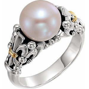 Sterling Silver & 14K Yellow Gold Cultured White Freshwater Pearl Fleur-de-lis Ring