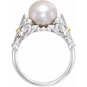 Sterling Silver & 14K Yellow Gold Cultured White Freshwater Pearl Fleur-de-lis Ring
