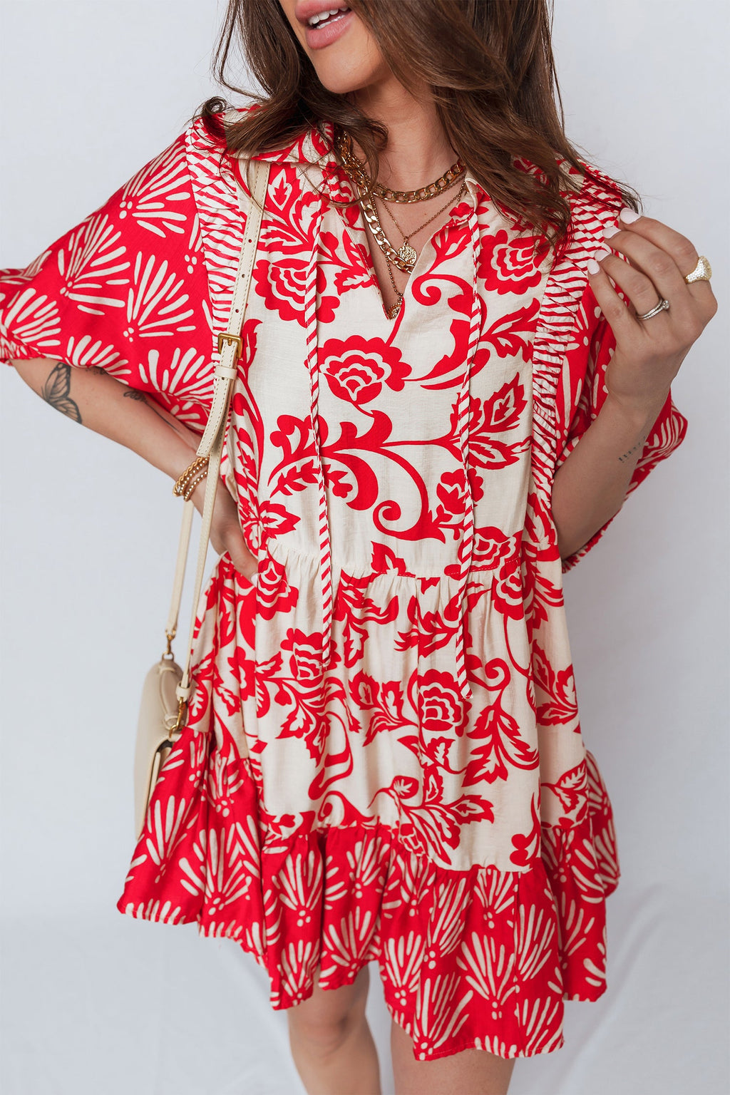 Flower V-Neck Half Sleeve Collar Mini Dress