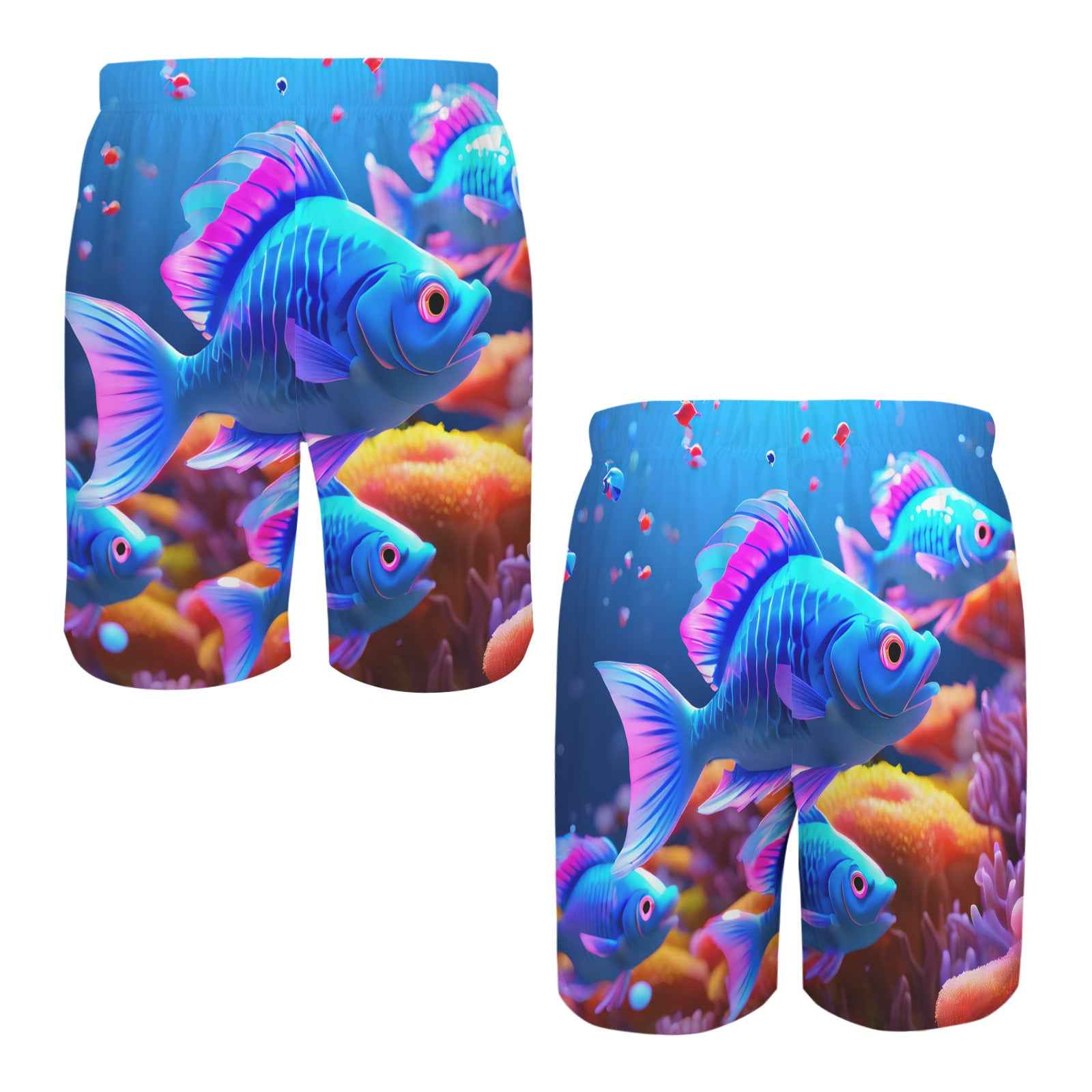 Blue Neon Fish Men's All Over Print Elastic Beach Shorts
