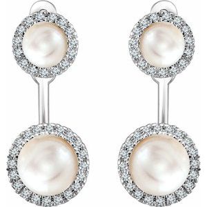 14K White Gold Cultured White Freshwater Pearl & 1/5 CTW Natural Diamond Halo-Style Earrings