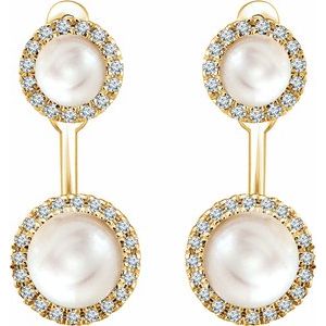 14K Yellow Gold Cultured White Freshwater Pearl & 1/5 CTW Natural Diamond Halo-Style Earrings