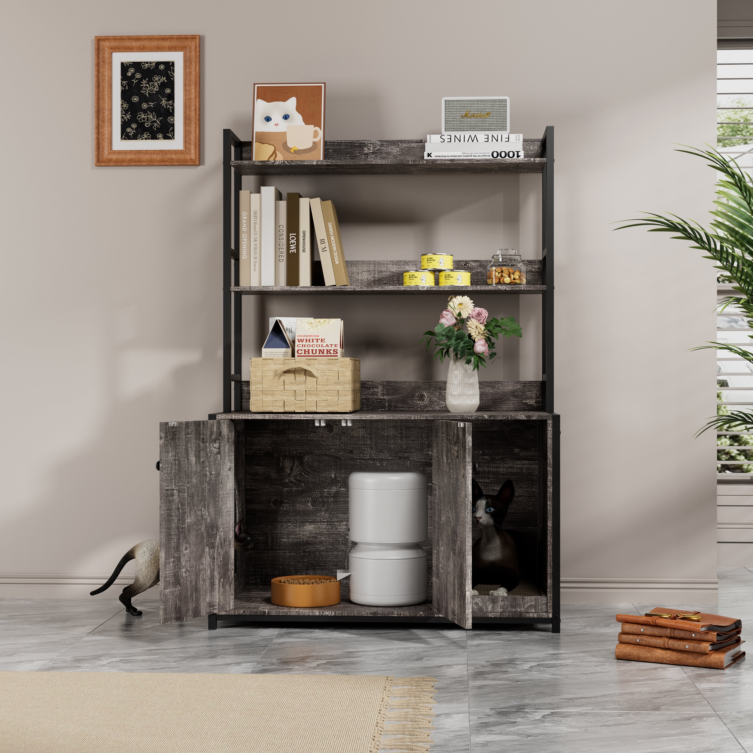 Large Cat Litter Box Enclosure With Shelf Storage, Hidden Cat Washroom Furniture, Wooden Cat House With Scratch Pad, Sturdy Indoor Cat Cabinet With 2 Doors(Grey)