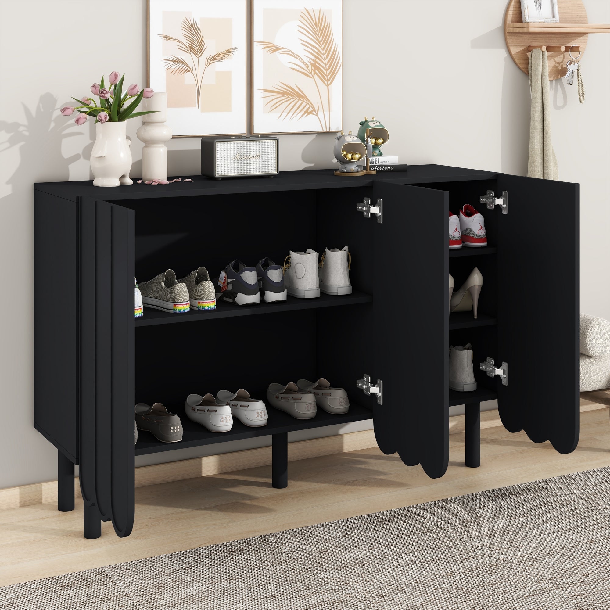 ON-TREND Cream Style Minimalist Shoe Cabinet with 5 Solid Wood Legs, Sideboard Buffet Cabinet with Adjustable Shelves, Large Storage Cabinet with Wave Doors for Living Room, Black