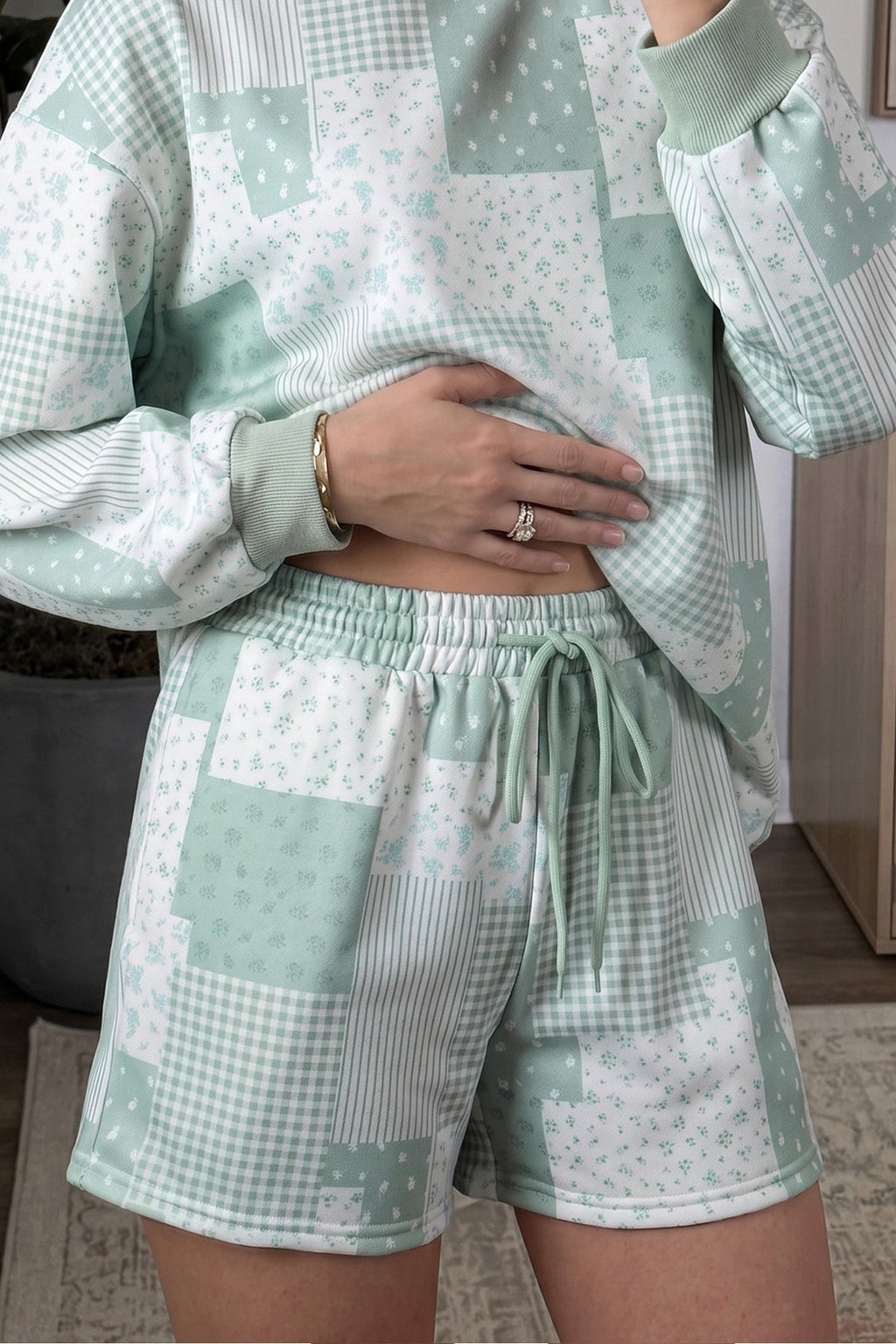 Floral Patchwork Sweatshirt & Drawstring Shorts Set