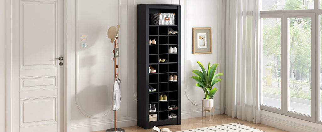 ON-TREND Stylish Design 30 Shoe Cubby Console, Contemporary Shoe Cabinet with Multiple Storage Capacity, Free Standing Tall Cabinet with Versatile Use for Hallway,  Bedroom, Black