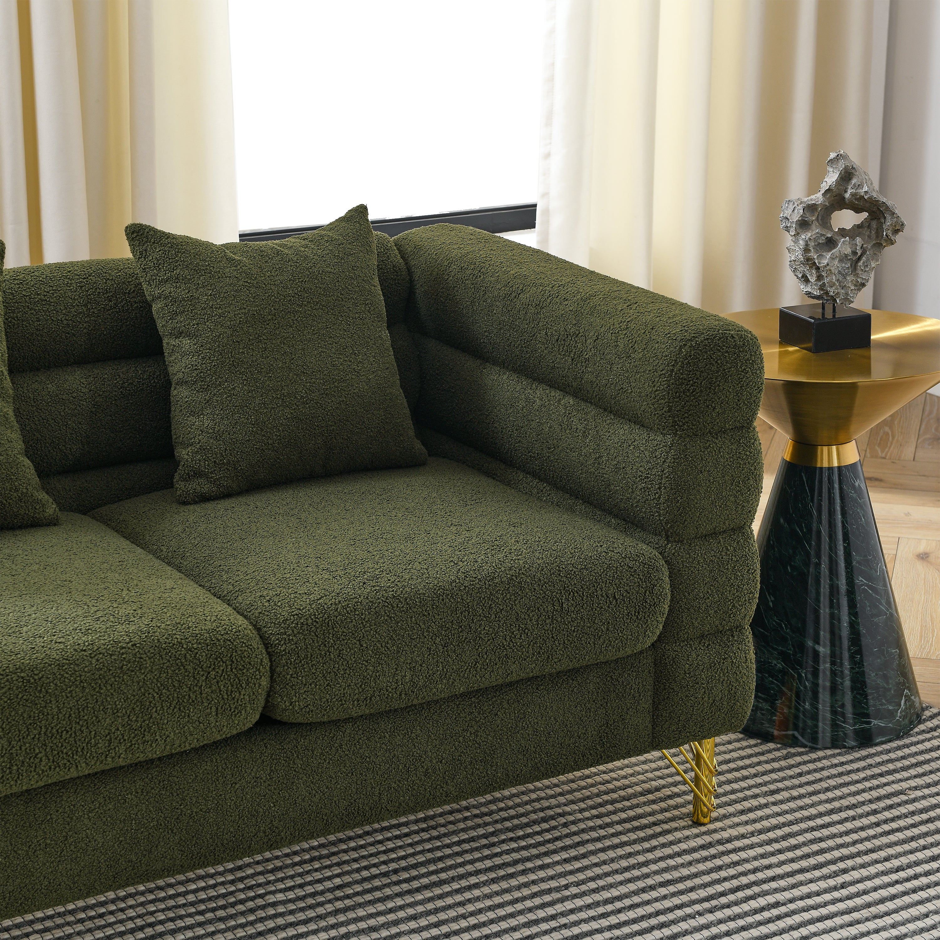 81Inch Oversized 3 Seater Sectional Sofa, Living Room Comfort Fabric Sectional Sofa - Deep Seating Sectional Sofa, Soft Sitting with 3 Pillows for Living Room, Bedroom, Office Green teddy (W834S00033)