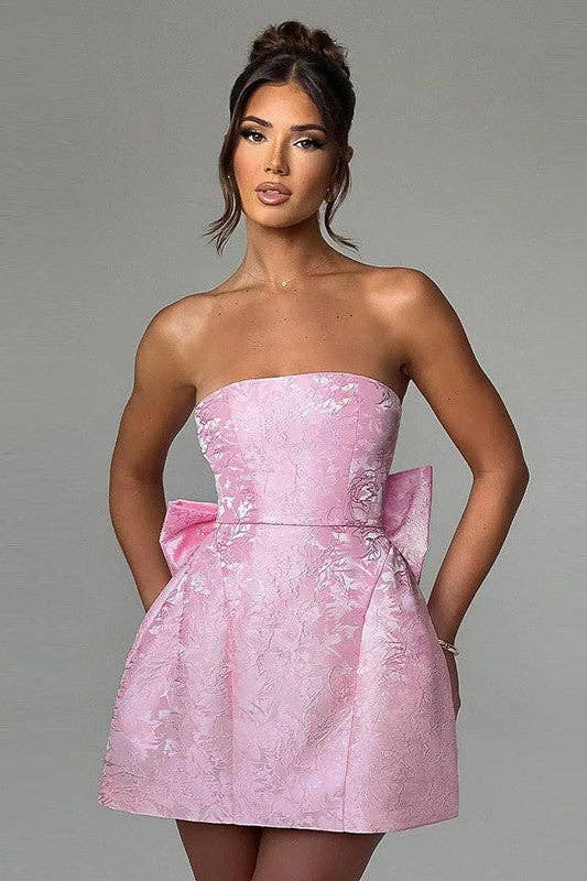 Sexy Jacquard Pastel Pink Strapless Bow Dress