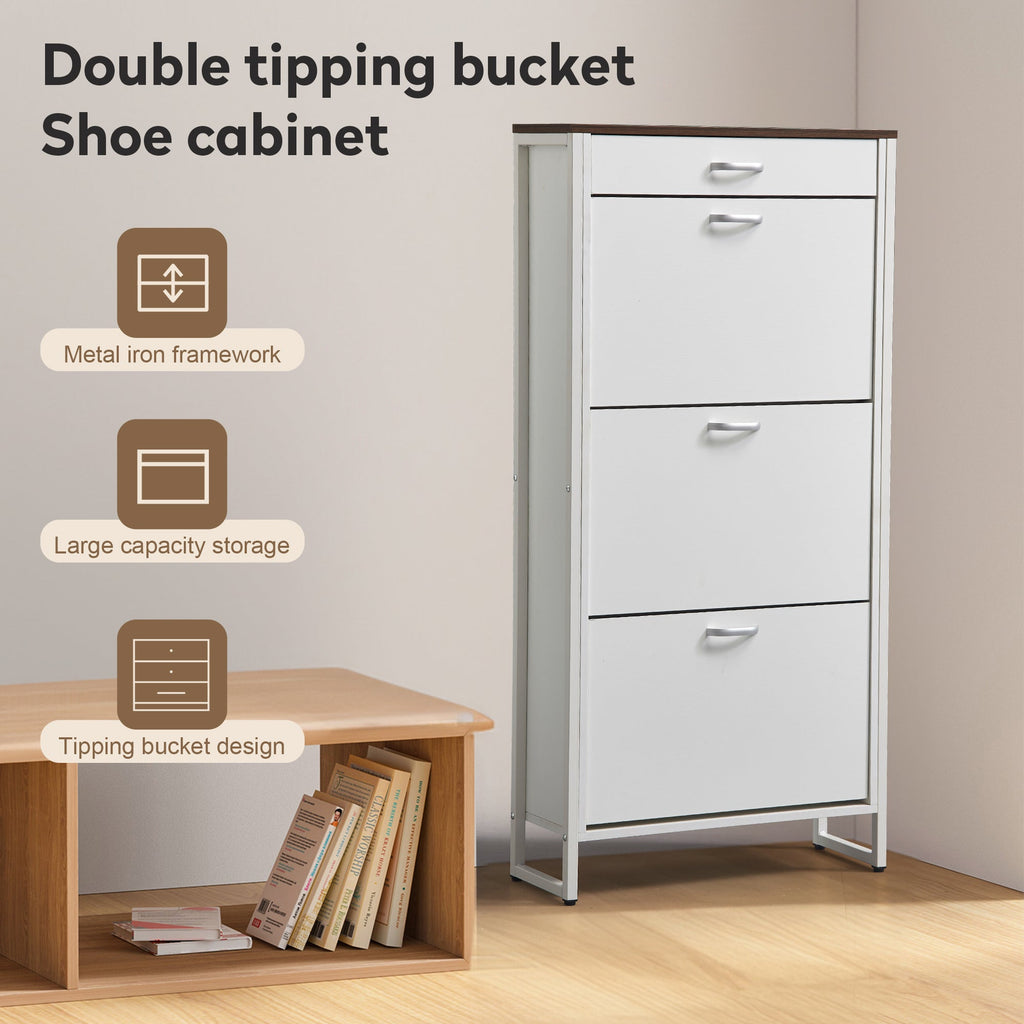 Shoe Storage Cabinet with 3 Flip Drawers&1 Drawer, Slim Freestanding Storage Racks for Entryway, Hallway, Hidden Narrow Shoe Organizers Perfect for Heels, Boots, Slippers, white/Walnut