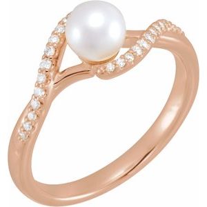 14K Rose Gold Cultured White Freshwater Pearl & 1/10 CTW Natural Diamond Ring