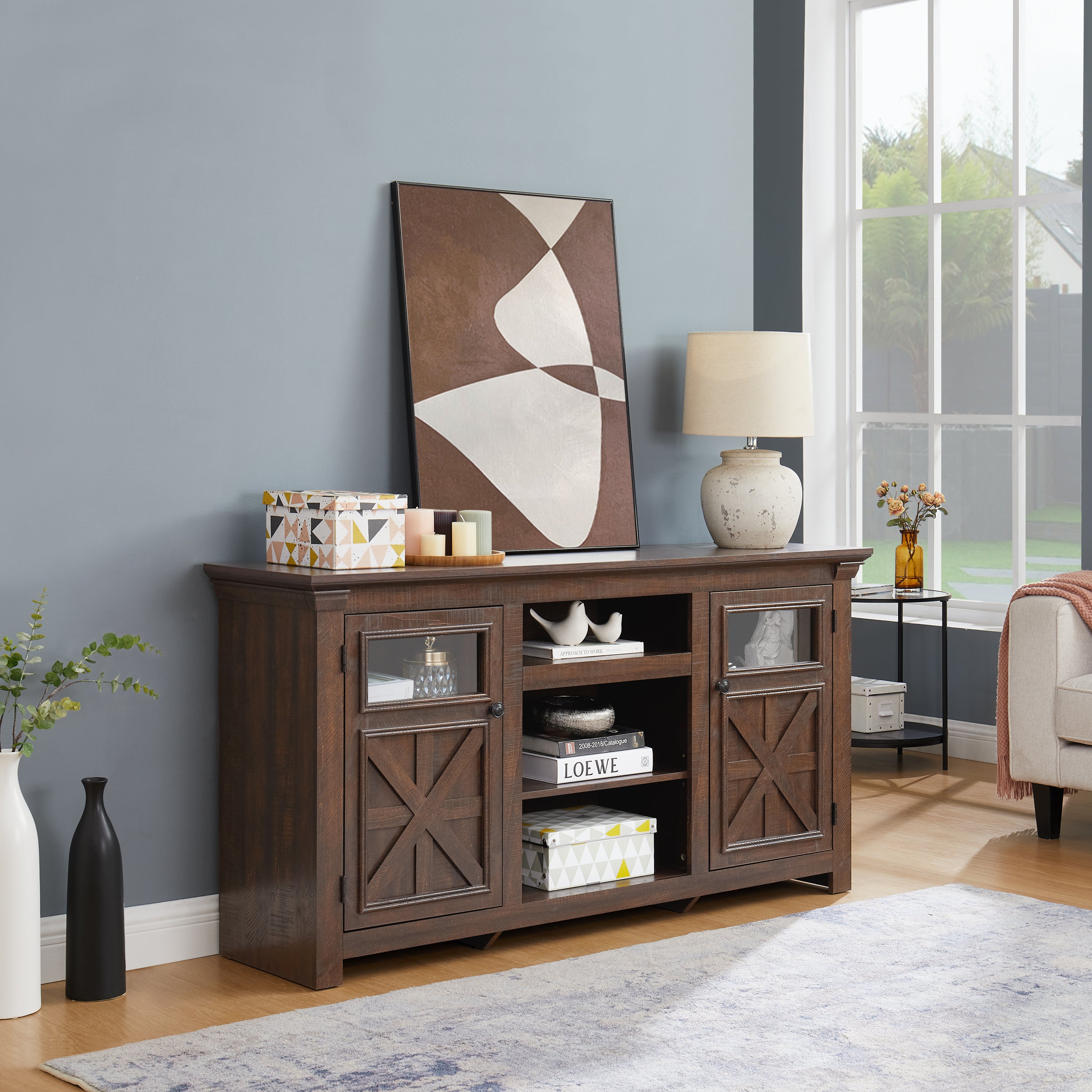2 Doors Cabinet Farmhouse  Cabinet, Farmhouse TV Stand Barn Design,Modern Farmhouse TV Media Stand, Large Barn Inspired Home Entertainment Console,Espresso, 60.23'W*15.35'D*31.7'H