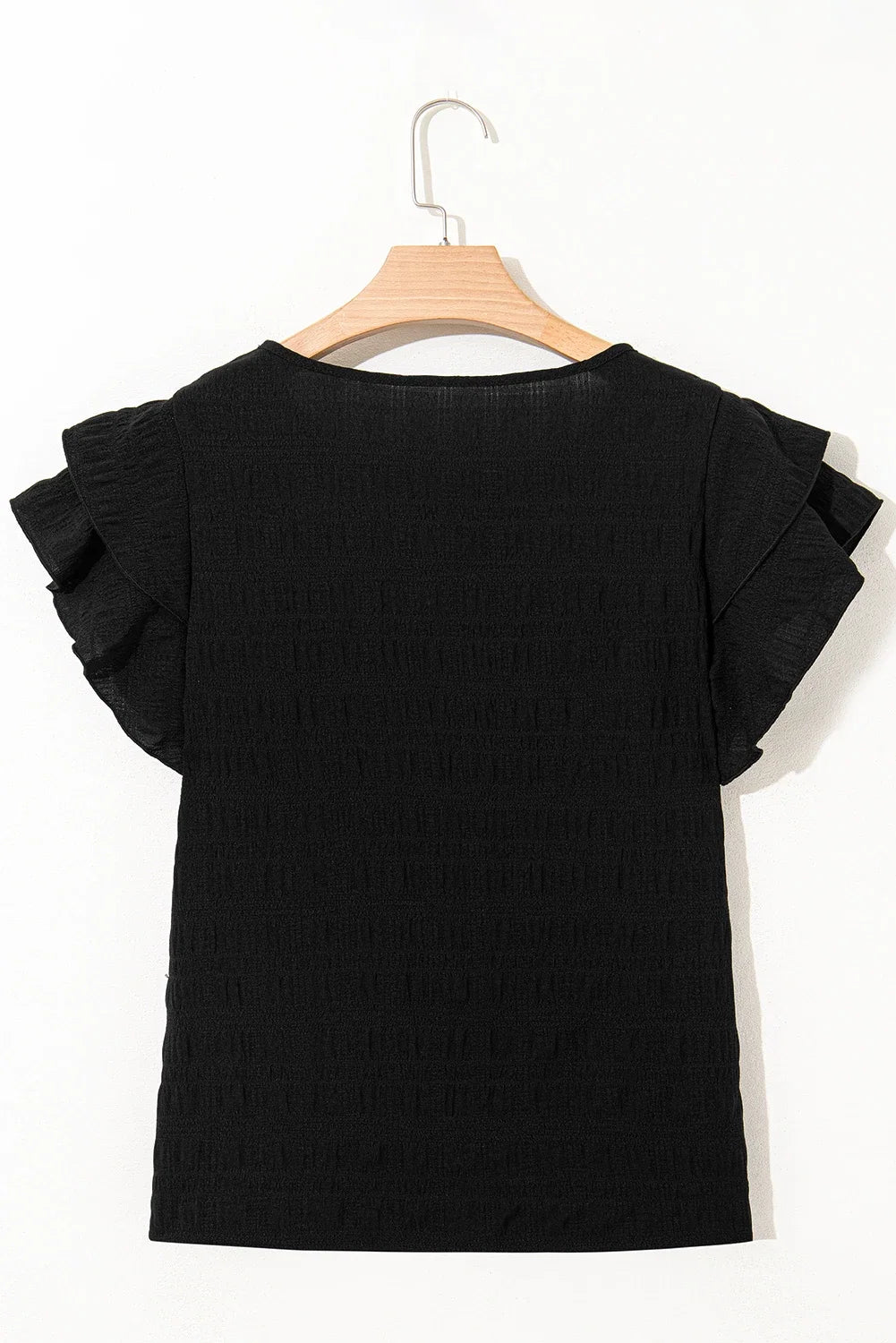 Solid Textured Ruffled Sleeve Round Neck Top