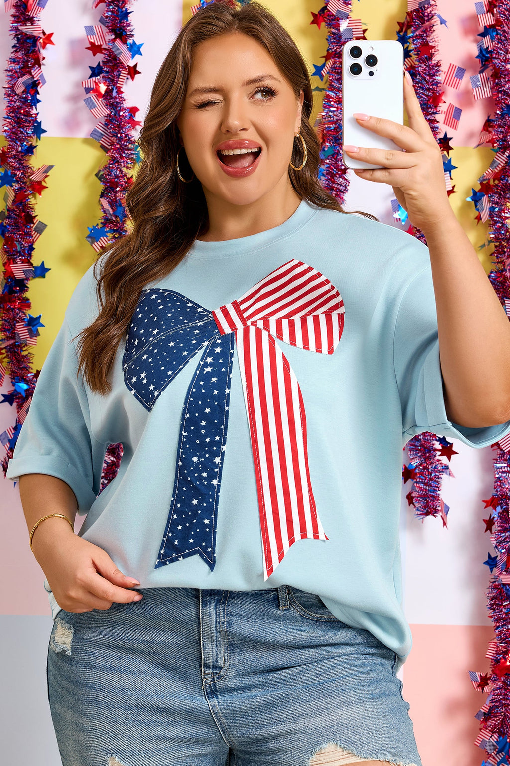 Plus Size Patriotic Stars & Stripes Bow Patchwork T-Shirt