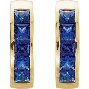 14K Yellow Gold Lab-Grown Blue Sapphire Hoop Earrings – image 2
