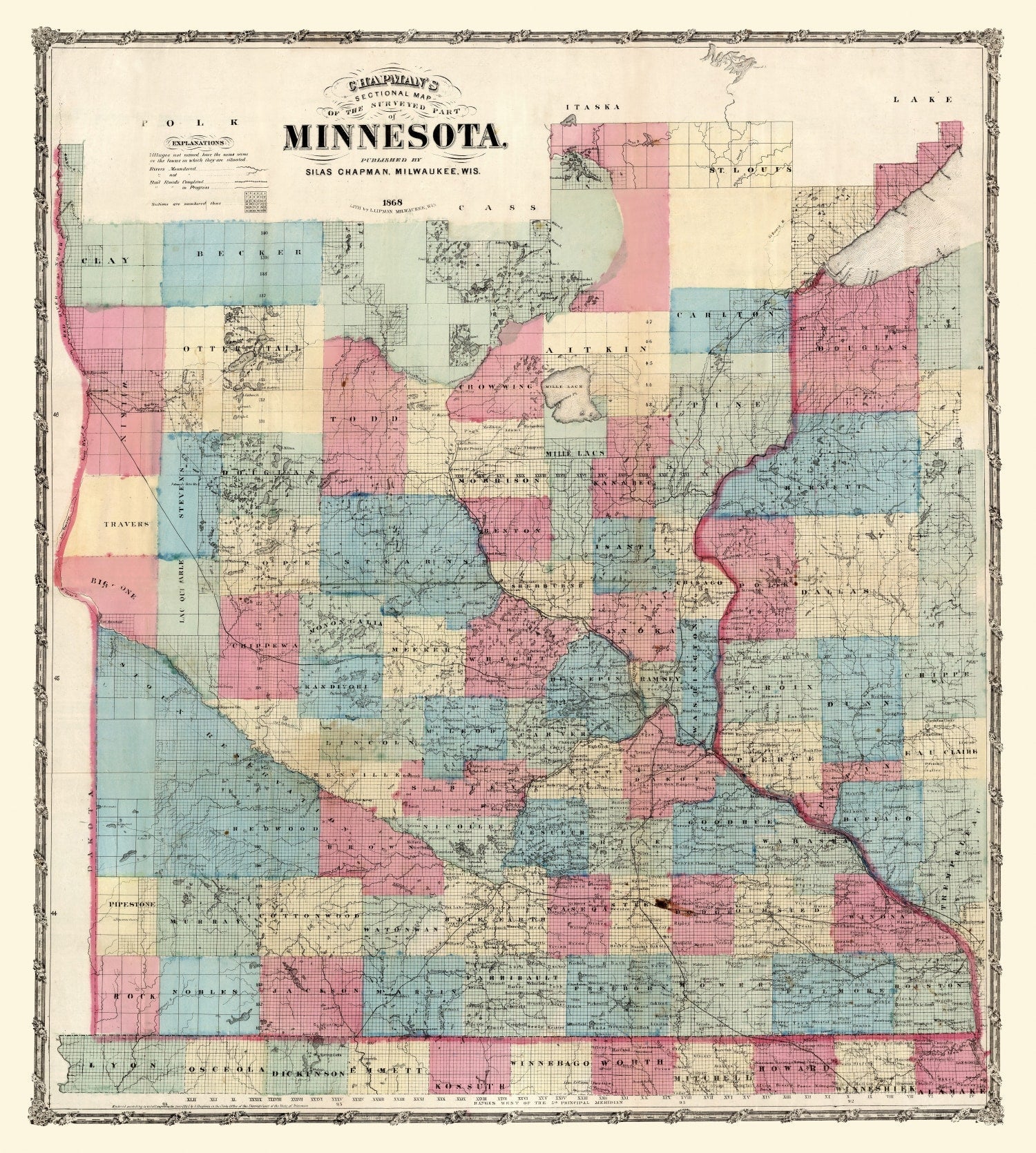 Vintage Map of Minnesota 1868