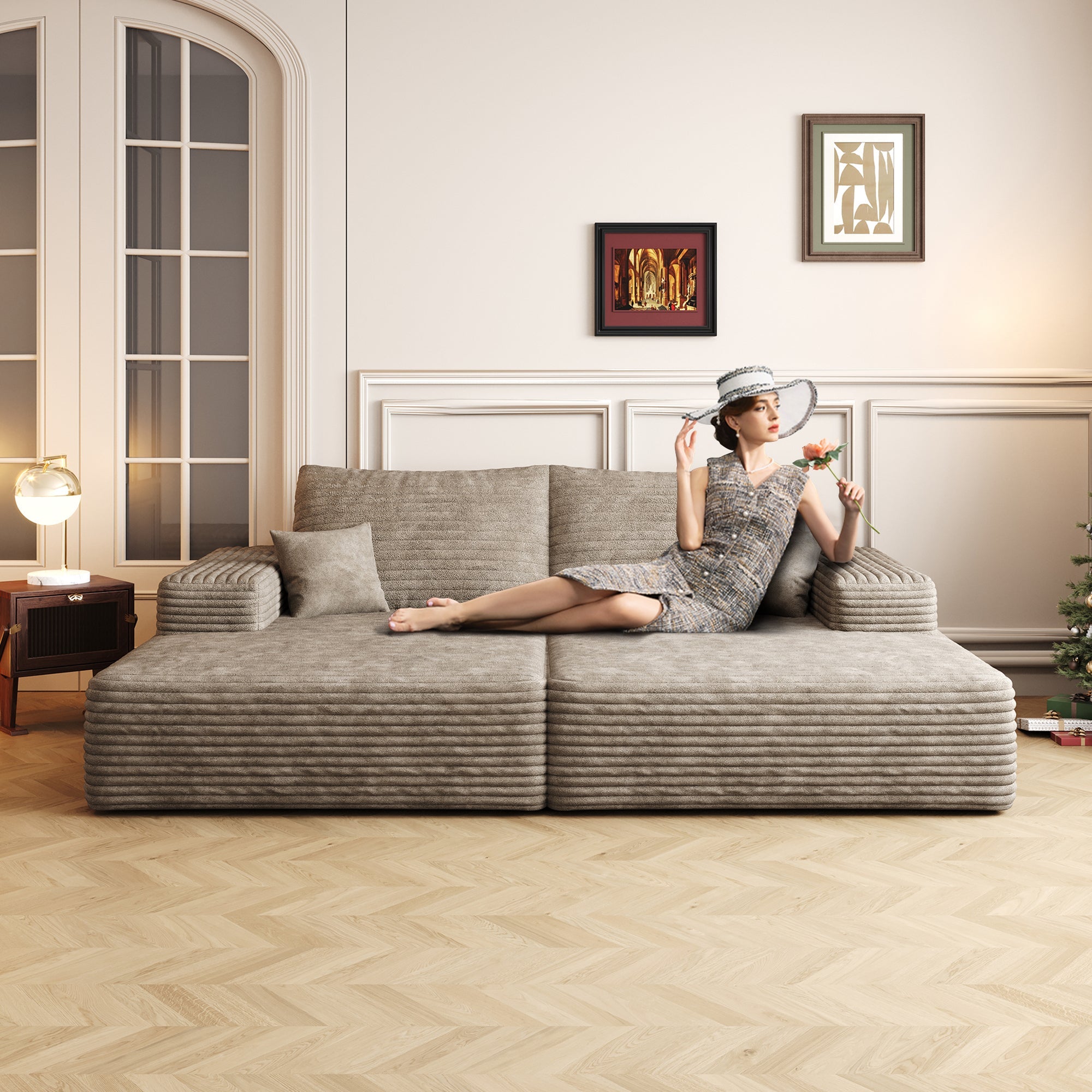 74.8' Modern Sofa bed With Dual sleeper, lounger for moviebonus room,No Assembly Required,Camel (Plush Corduroy Fabric)