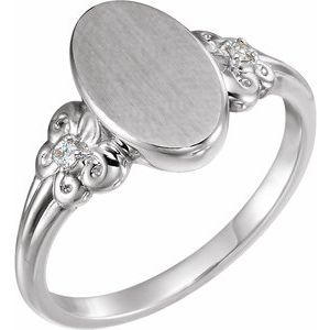 14K White Gold .03 CTW Diamond 12x8 mm Oval Fleur-de-lis Signet Ring