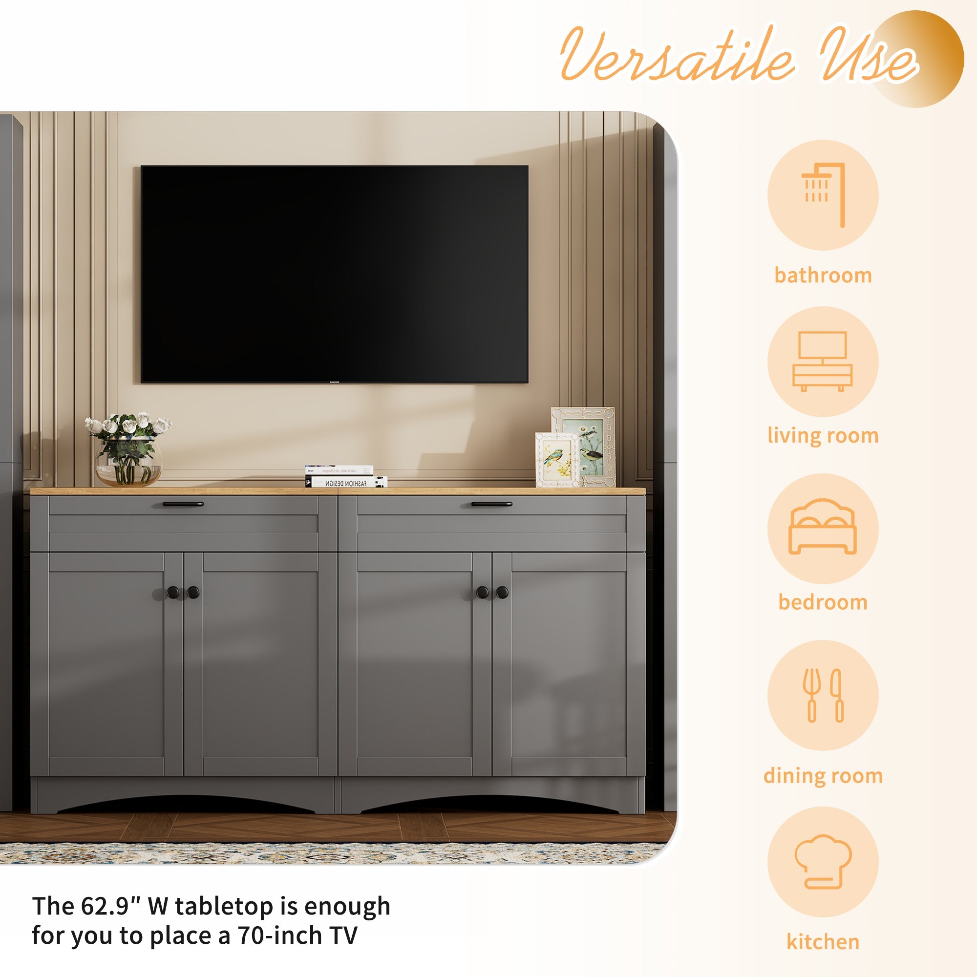 ON-TREND 3-Piece Farmhouse Entertainment Center with Storage Cabinet for TVs Up to 70', Mid-Century TV Stand with Bookshelf, Rustic Versatile Sideboard with Adjustable Shelves for Living Room, Grey
