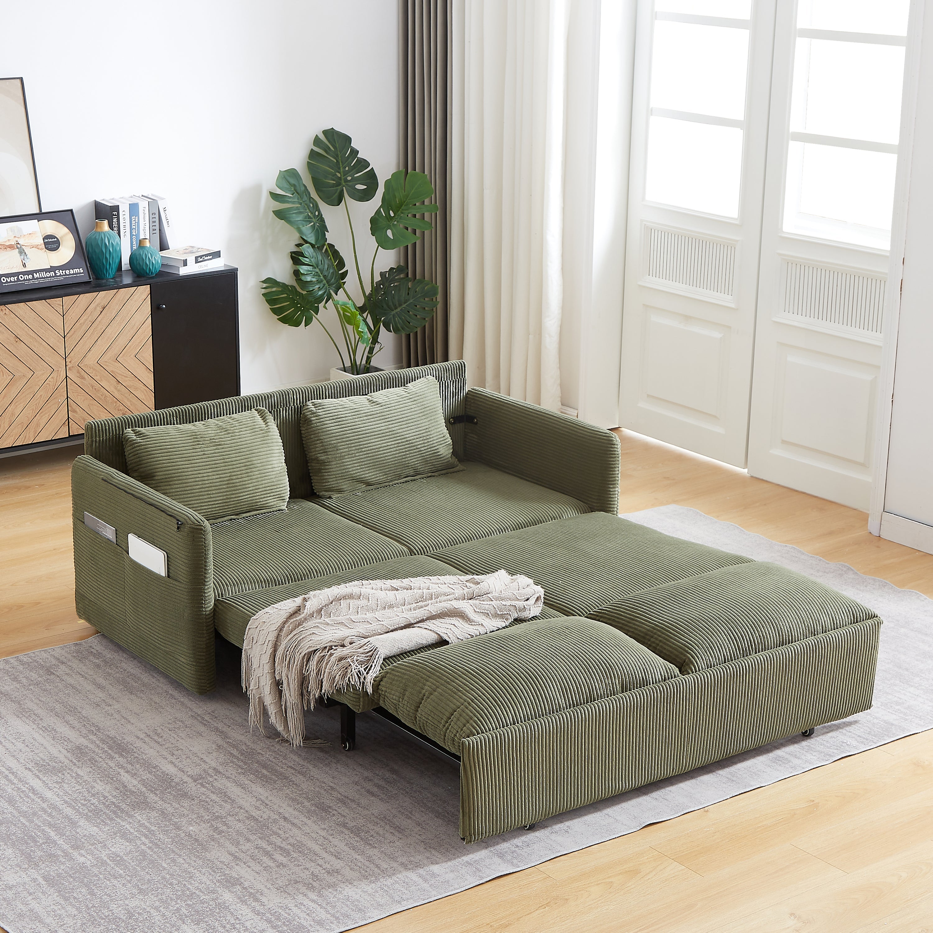 MH'' 64.5 Inch Sleeper Sofa Bed  3-in-1 Adjustable Sleeper with Pullout Bed   2 Pillows and Side Pockets  Soft Corduroy Convertible Sleeper Sofa Bed for Living Room Bedroom Apartment Office