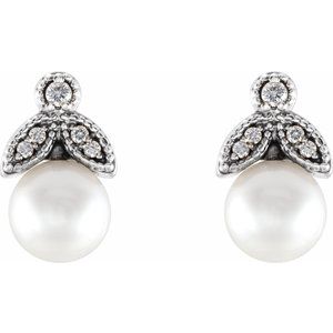 14K White Gold Cultured White Freshwater Pearl & .06 CTW Natural  Diamond Earrings