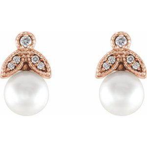 14K Rose Gold Cultured White Freshwater Pearl & .06 CTW Natural  Diamond Earrings