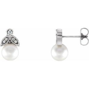 14K White Gold Cultured White Freshwater Pearl & .06 CTW Natural  Diamond Earrings