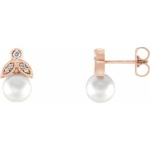14K Rose Gold Cultured White Freshwater Pearl & .06 CTW Natural  Diamond Earrings