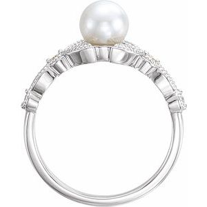 14K White Gold Cultured White Freshwater Pearl & 1/10 CTW Natural Diamond Leaf Ring
