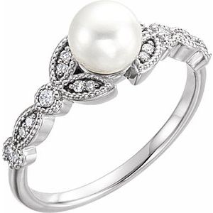 14K White Gold Cultured White Freshwater Pearl & 1/10 CTW Natural Diamond Leaf Ring