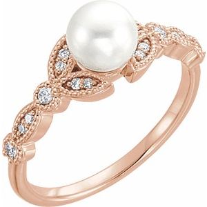 14K Rose Gold Cultured White Freshwater Pearl & 1/10 CTW Natural Diamond Leaf Ring