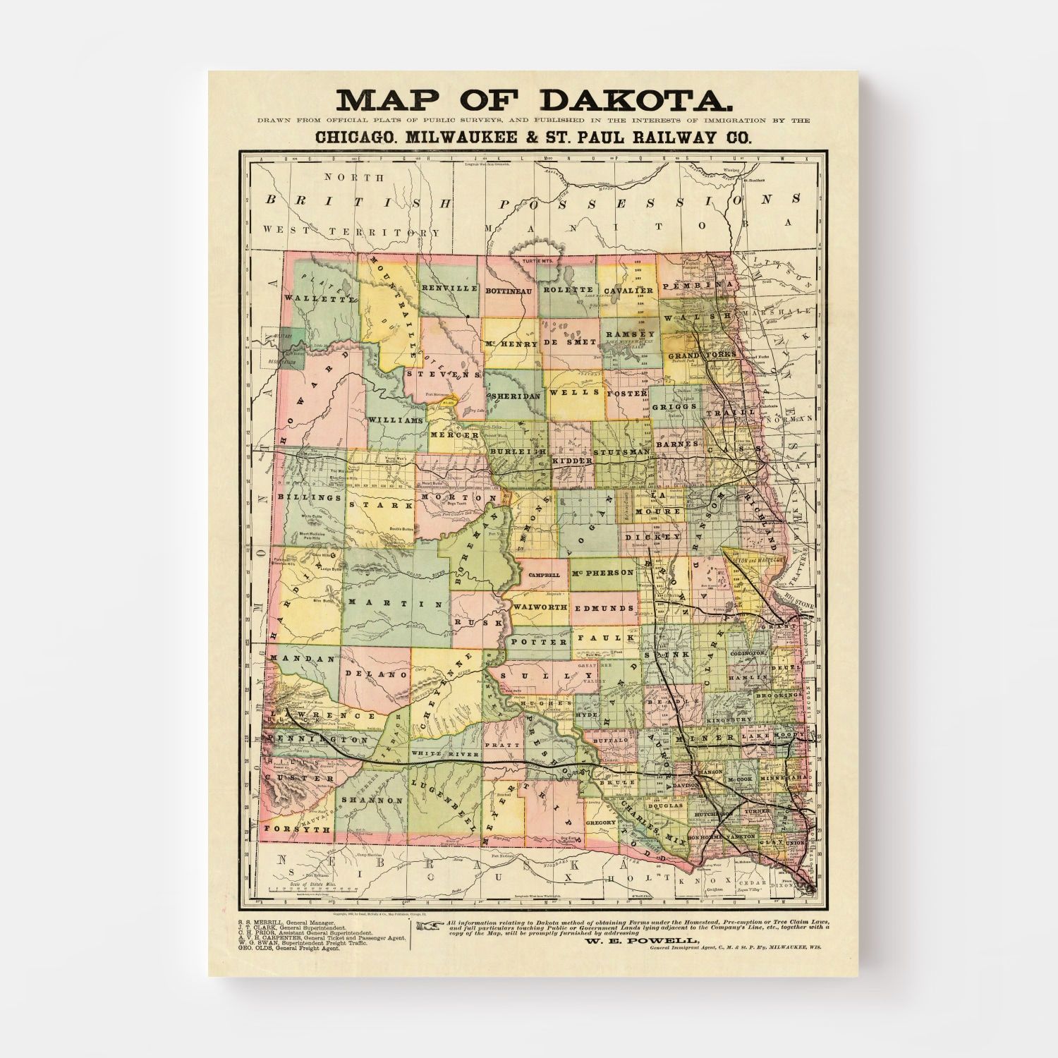 Vintage Map of Dakota Territory 1882