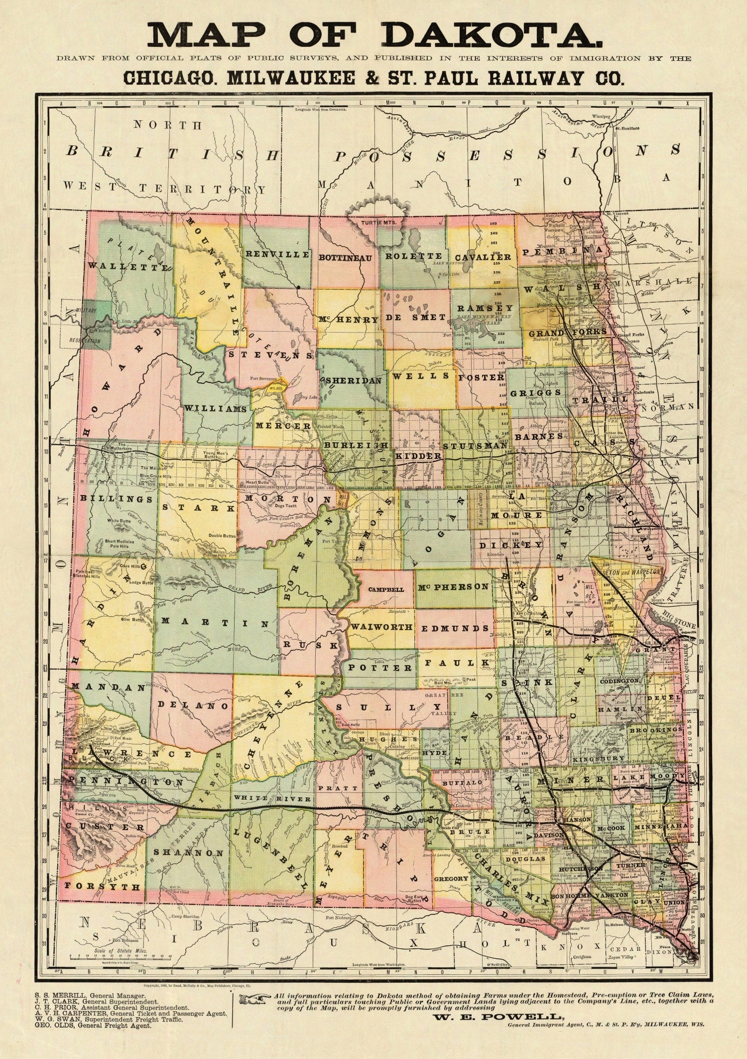 Vintage Map of Dakota Territory 1882