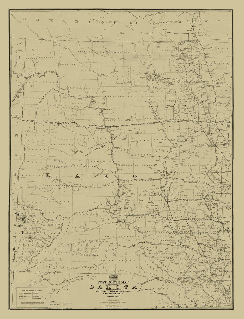 Vintage Post Route Map of Dakota Territory 1885