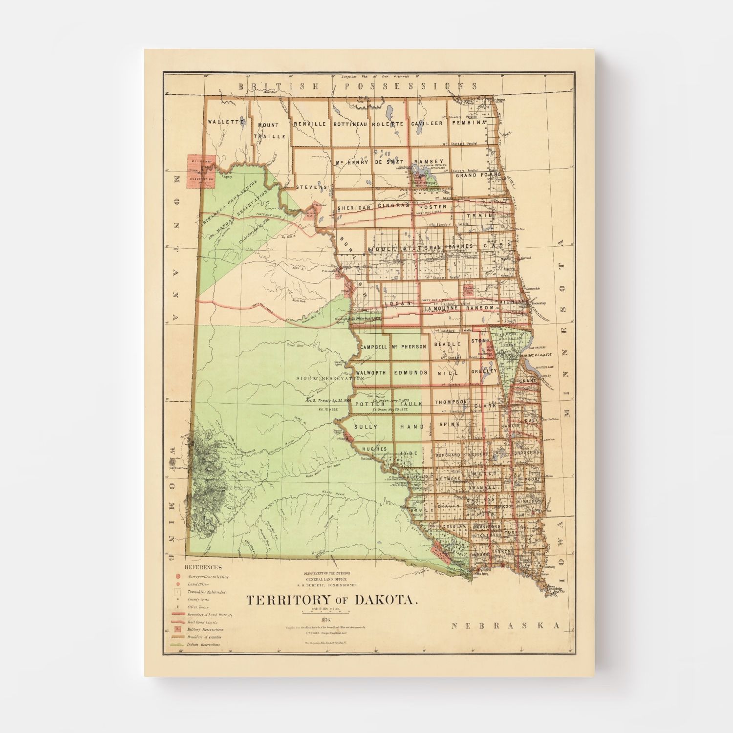 Dakota Territory Historic Map 1876