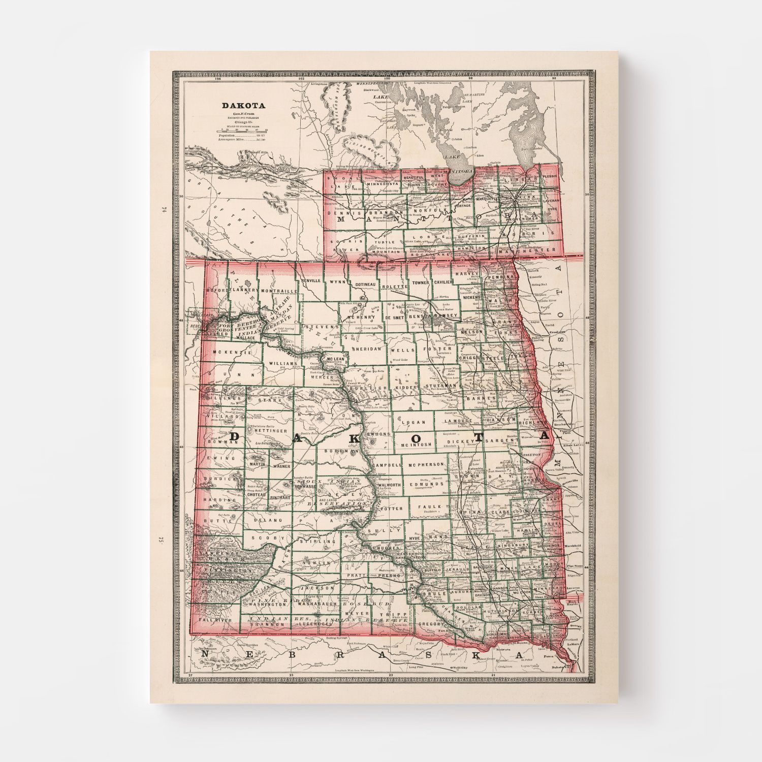 Vintage Map of Dakota Territory 1883