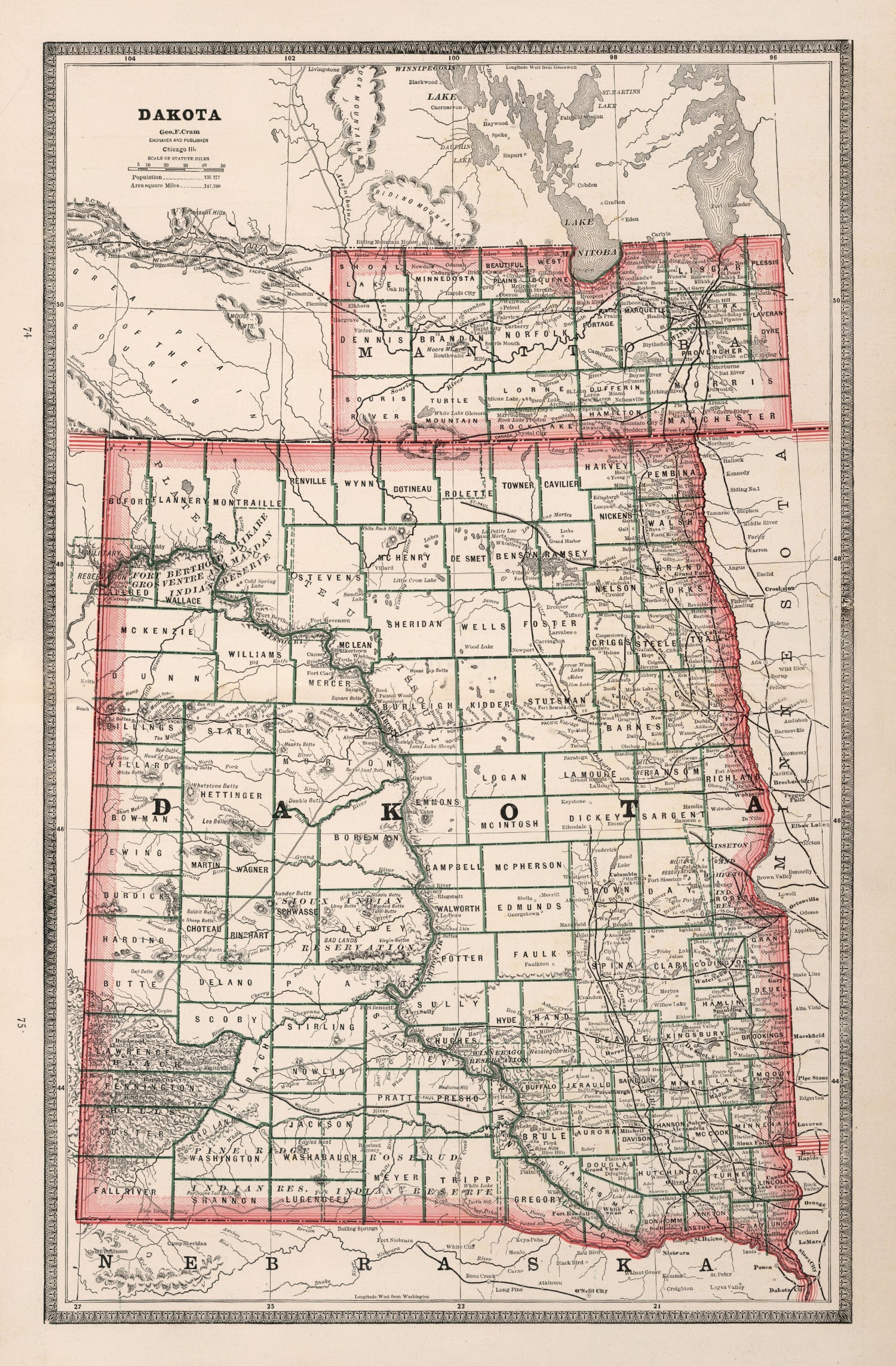 Vintage Map of Dakota Territory 1883