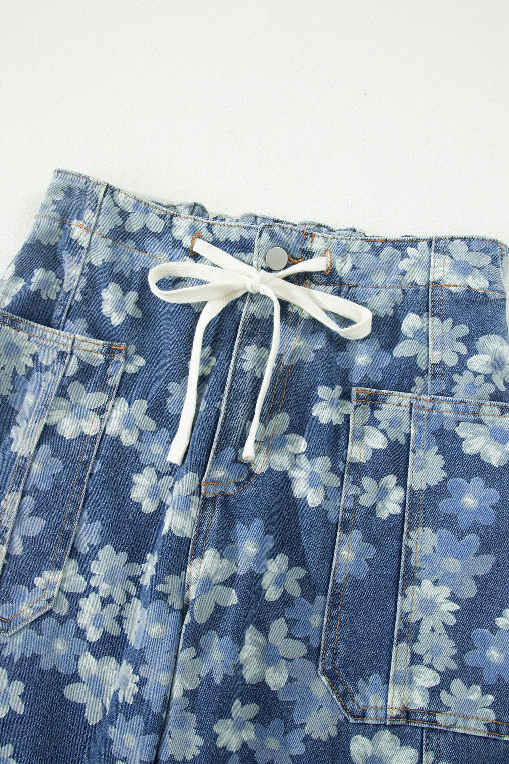 Floral Denim Drawstring Barrel Leg Jeans