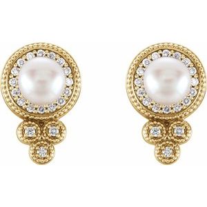 14K Yellow Gold Cultured White Freshwater Pearl & 1/5 CTW Natural Diamond Earrings