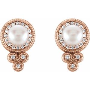 14K Rose Gold Cultured White Freshwater Pearl & 1/5 CTW Natural Diamond Earrings