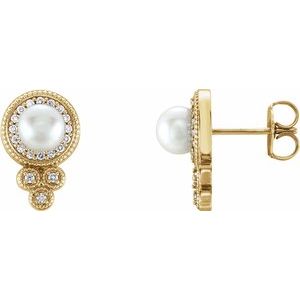 14K Yellow Gold Cultured White Freshwater Pearl & 1/5 CTW Natural Diamond Earrings