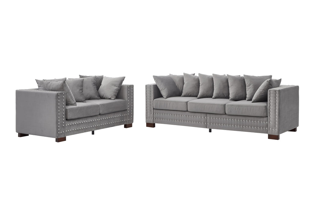 Modern Design Living Room Sofa 2+3 Seater Square armrest with Silver Nails Decoration Upholstered Velvet Couch Grey