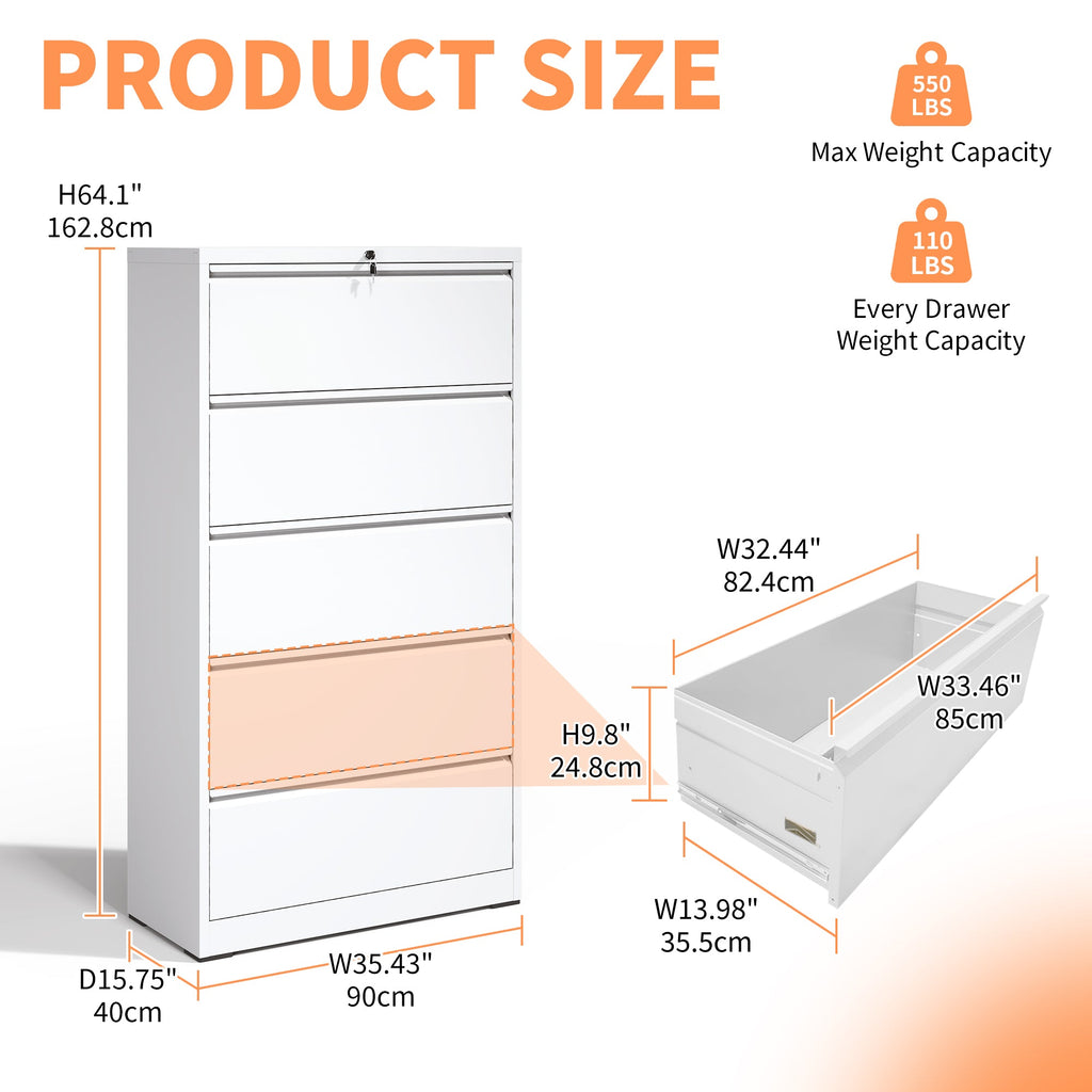Modern 5-Drawer Steel Lateral File Cabinet with Lock, White Metal Filing Cabinet for Home and Office