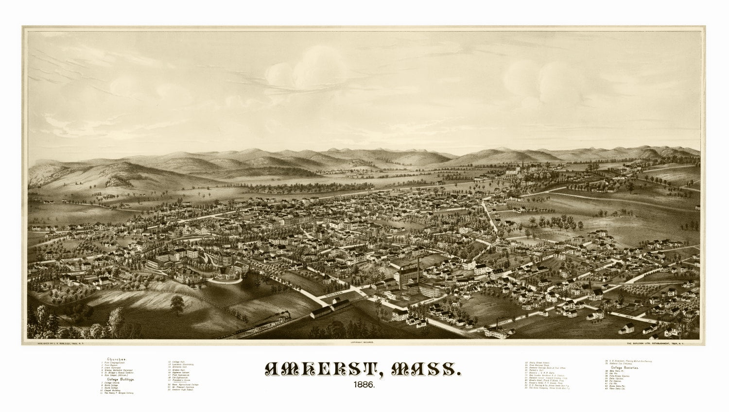 Vintage Map of Amherst, Massachusetts 1886