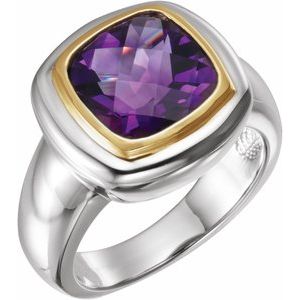 Sterling Silver & 14K Yellow Gold Checkerboard Natural Amethyst Ring
