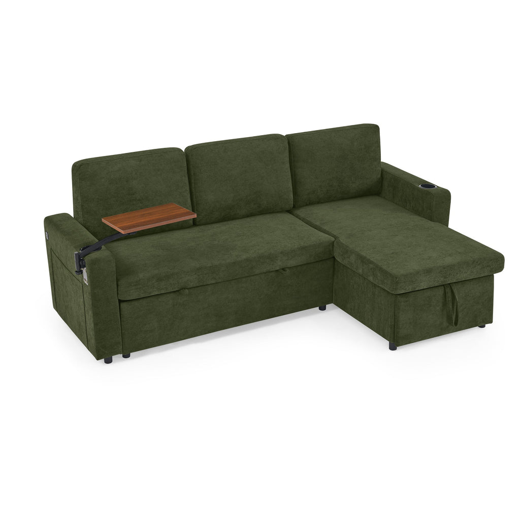 Modern Chenille Multi-functional Pull-Out Bed Sofa with Retractable Table and LED Lighting, USB Charging Ports and Cup Holders, Green