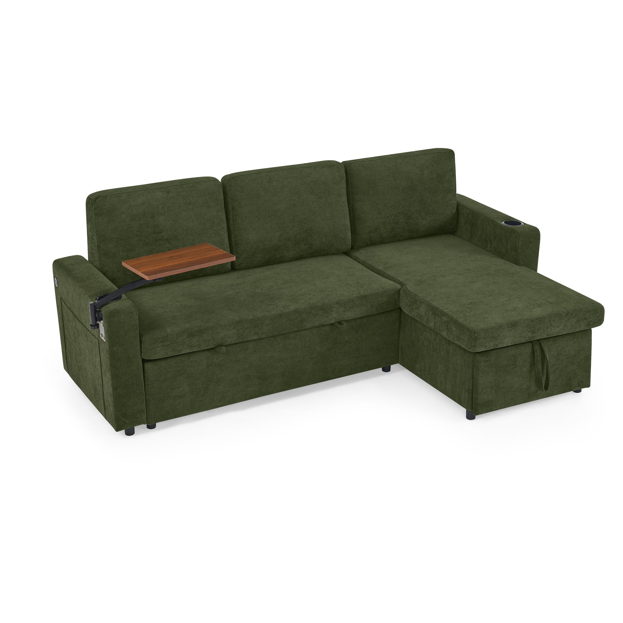 Modern Chenille Multi-functional Pull-Out Bed Sofa with Retractable Table and LED Lighting, USB Charging Ports and Cup Holders, Green