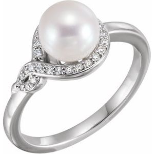 14K White Gold Cultured White Freshwater Pearl & 1/8 CTW Natural Diamond Bypass Ring