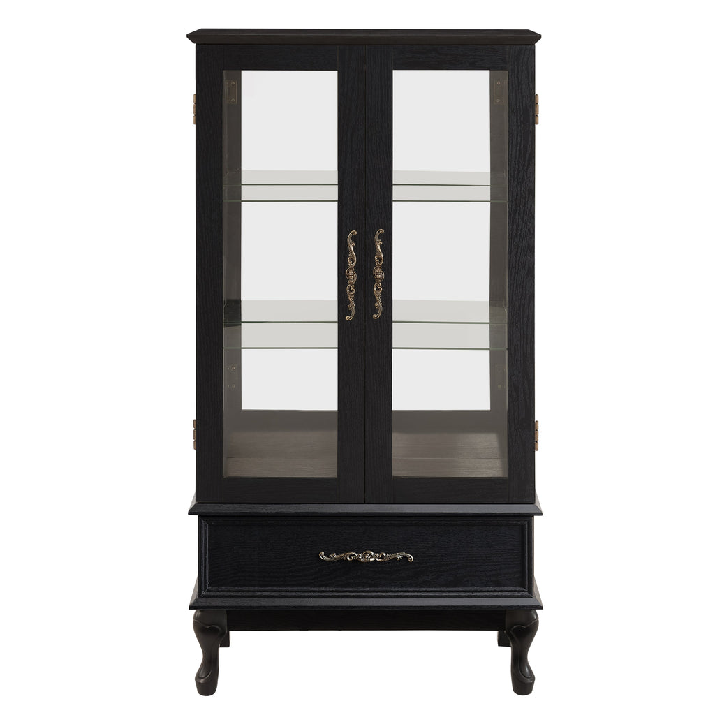 Lighted Curio Cabinet with Glass Doors and Adjustable Shelves 2 Door Wine Cabinet Display Curio Cabinet with LED Lights Light Black Finish and Drawer for Home Decor and Storage
