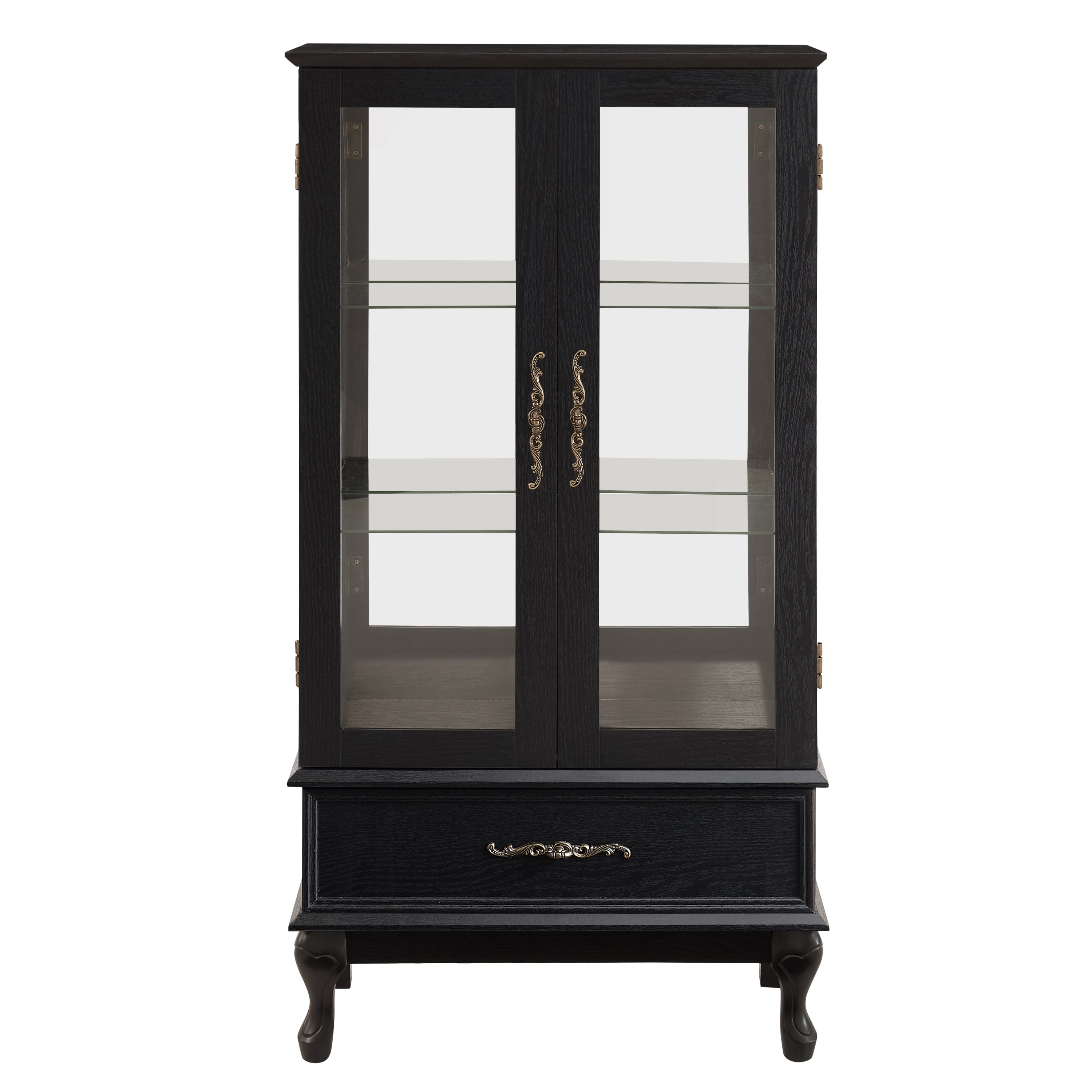 Lighted Curio Cabinet with Glass Doors and Adjustable Shelves 2 Door Wine Cabinet Display Curio Cabinet with LED Lights Light Black Finish and Drawer for Home Decor and Storage