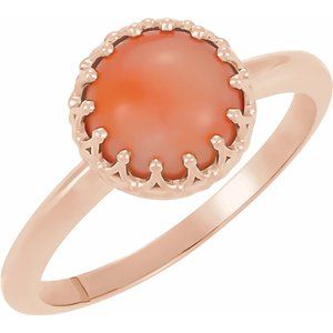 14K Rose Gold 5 mm Natural Pink Coral Crown Cabochon Ring